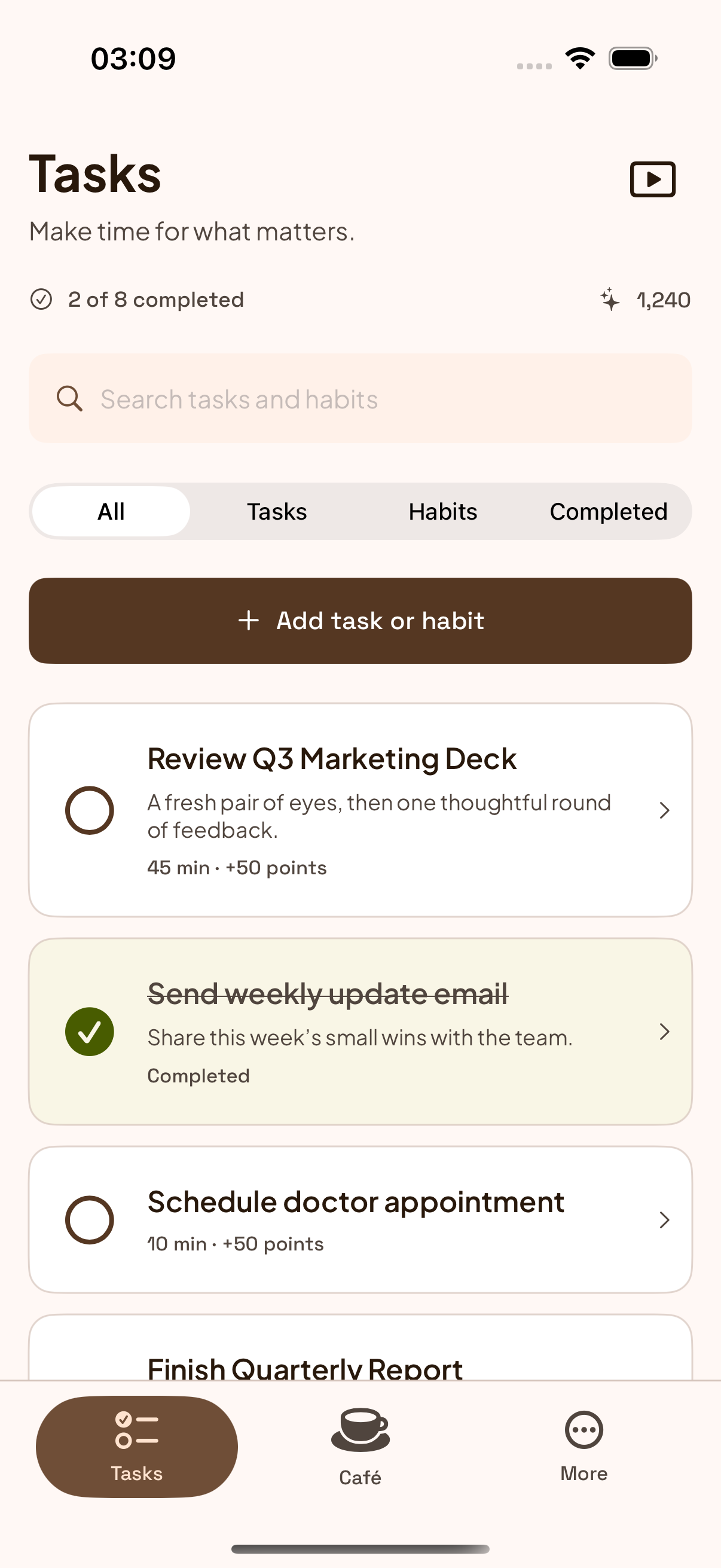 DoneMatter Tasks screen showing a simple task list and earned points